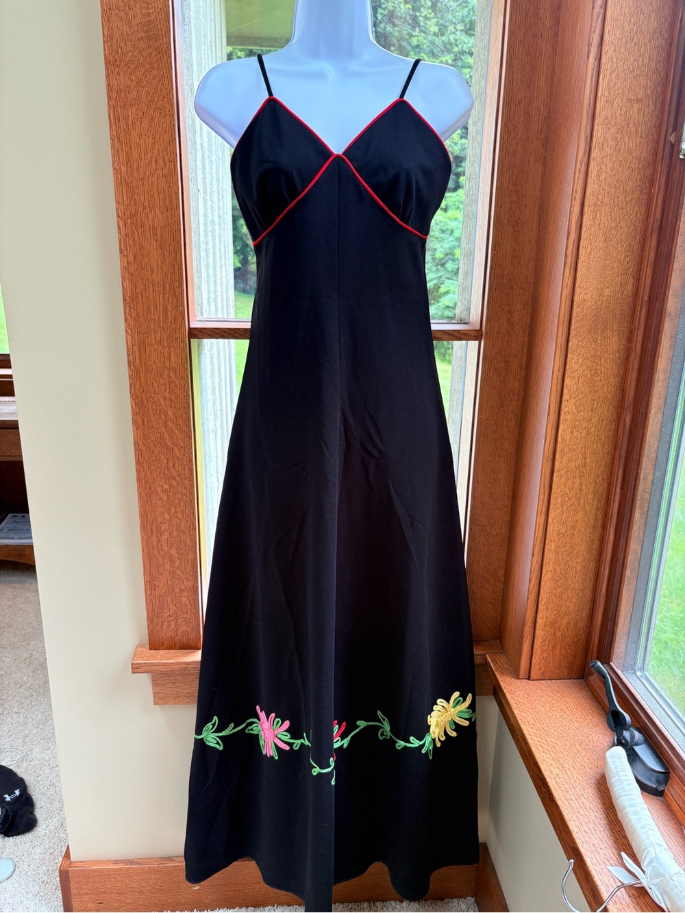 Vintage Black Maxi Slip Dress with Red Piping and Multicolor Floral Hem